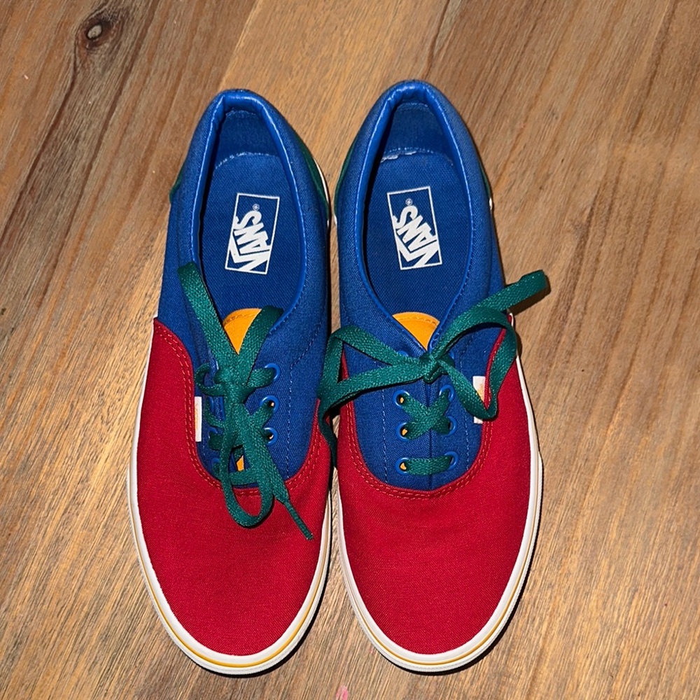 Vans Red and Blue Sneakers with Green Laces